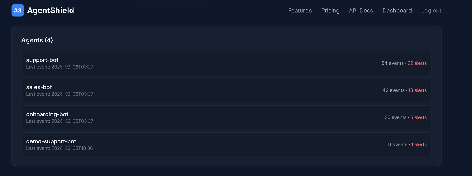 AgentShield — Agent list with event counts and alert tracking